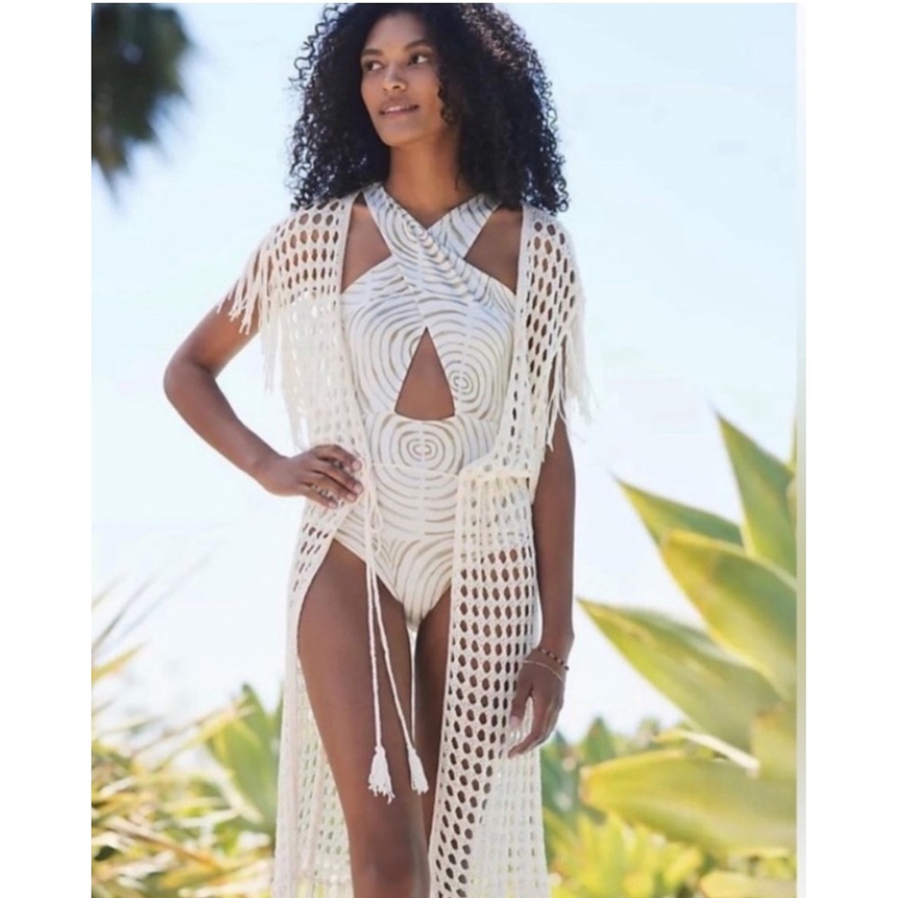 by Anthropologie Kaftan Crochet Fringe Duster Cardigan Ivory One Size Coverup